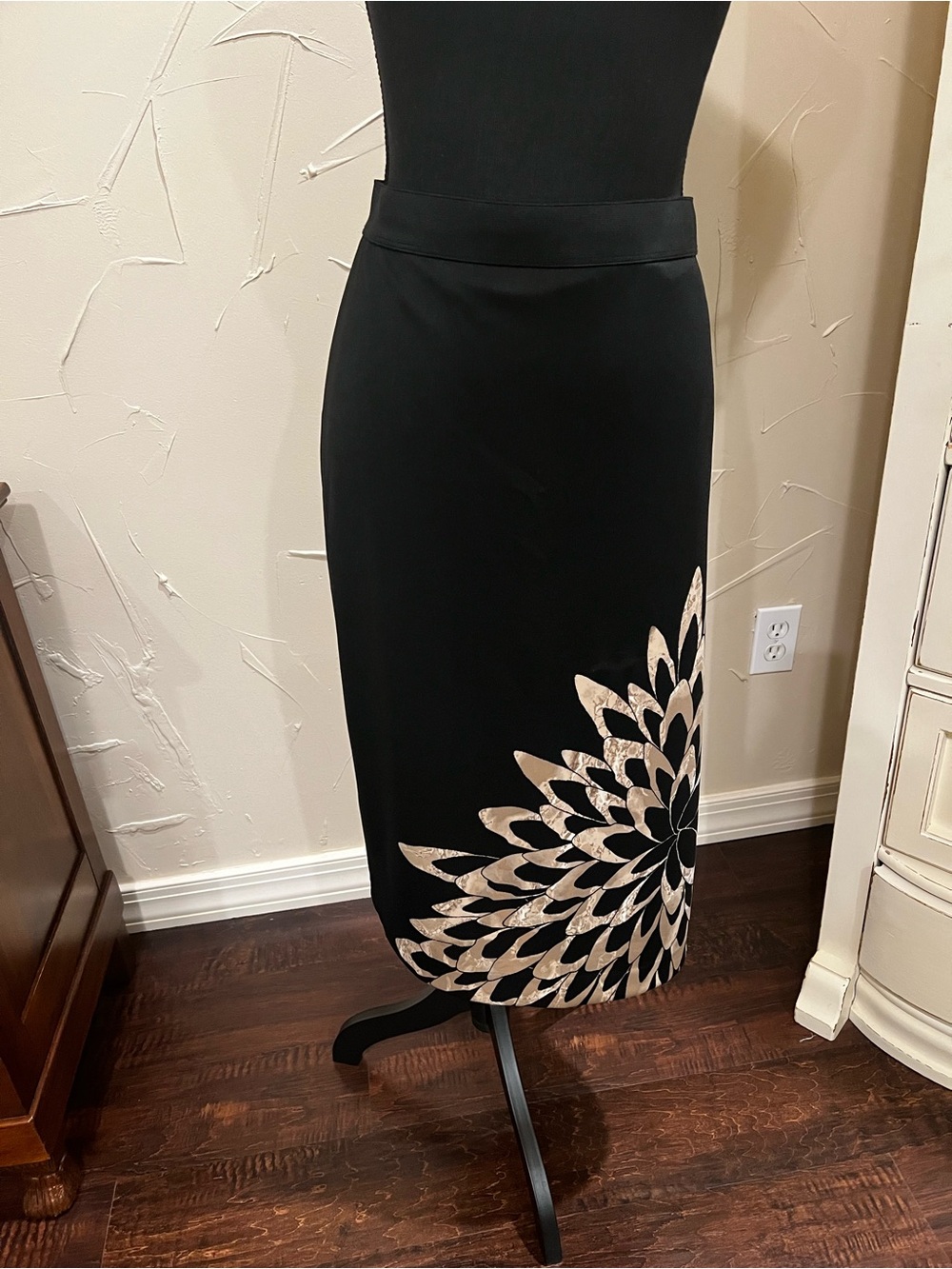 Alfani Black Midi Pencil Skirt with Metallic Floral Accent